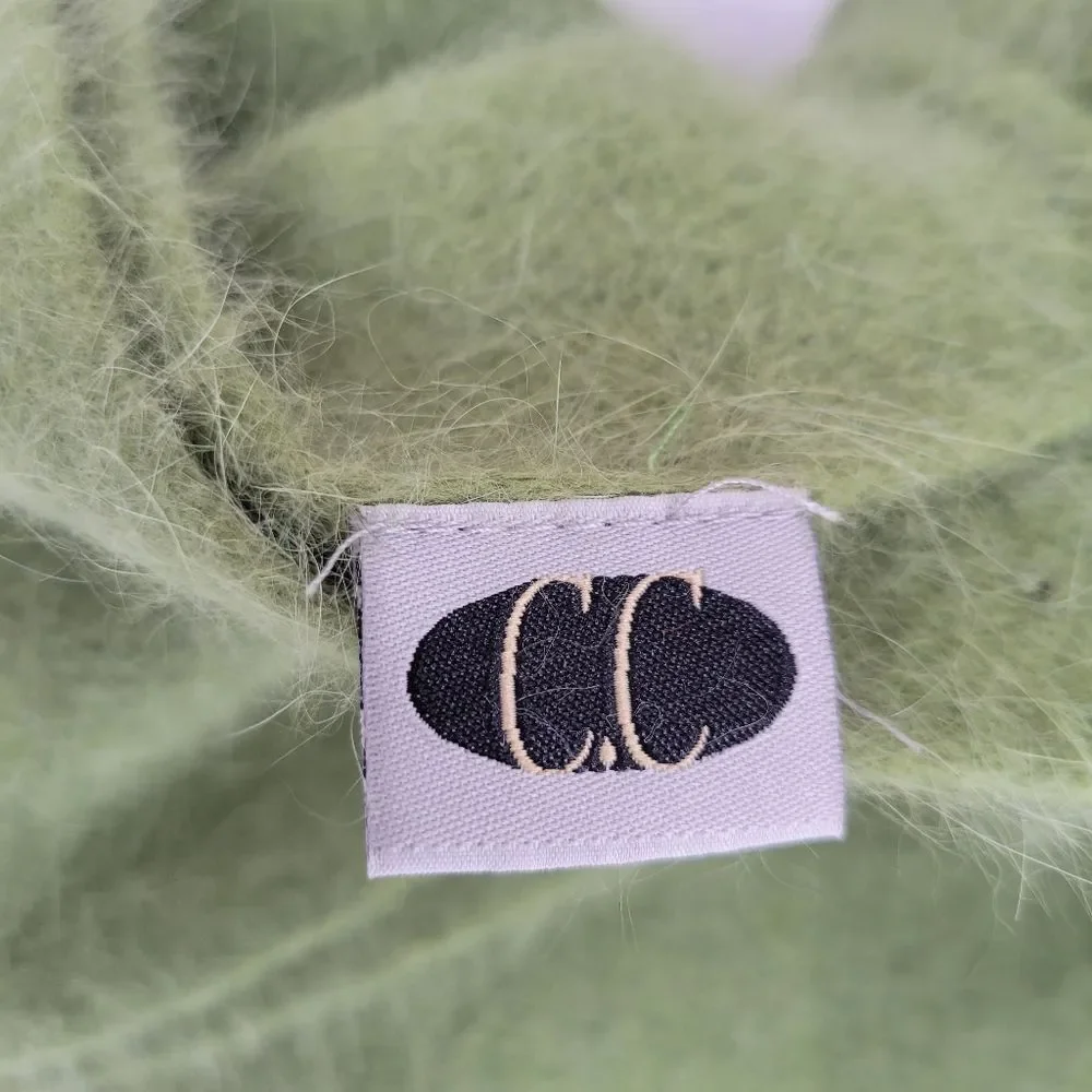 Angora Rabbit Fur Scarf in Spring Green with Ruffled Ends